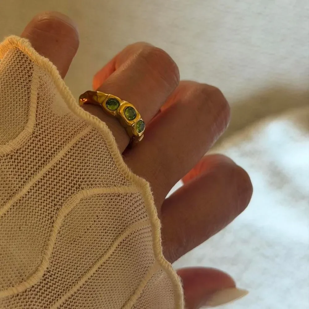 Gold Stainless Steel Green Zircon Three Stone Ring